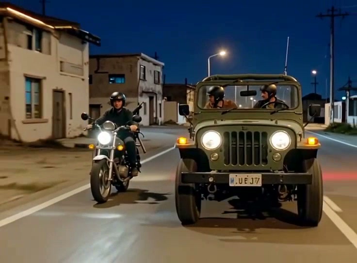Helmeted motorcyclist and vintage olive military jeep travel side-by-side on a small town street ...