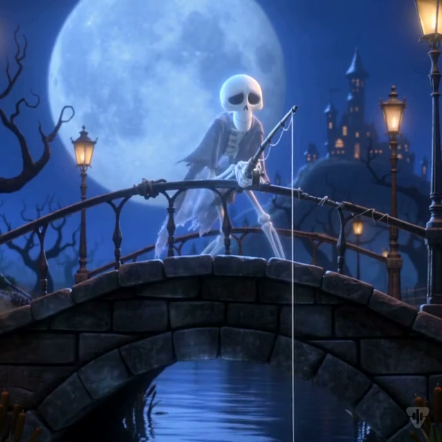 Animated hooded skeleton fishes from a stone arch bridge beneath a glowing full moon in a spooky ...