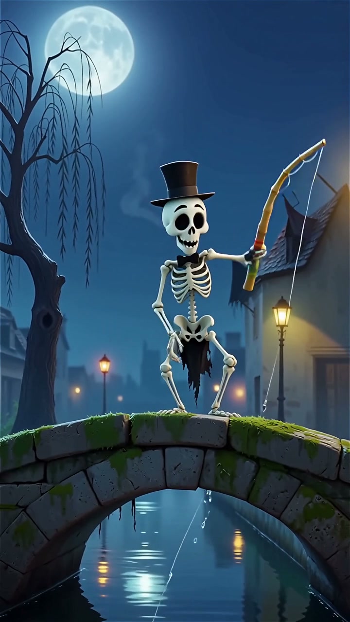 Friendly cartoon skeleton in a top hat fishes from a mossy stone canal bridge under a bright full...