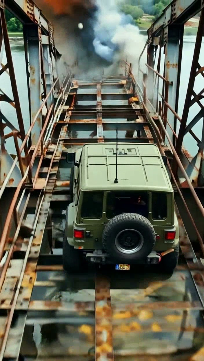 Olive green off-road jeep sits on a crumbling rusted metal truss bridge as smoke billows ahead ov...