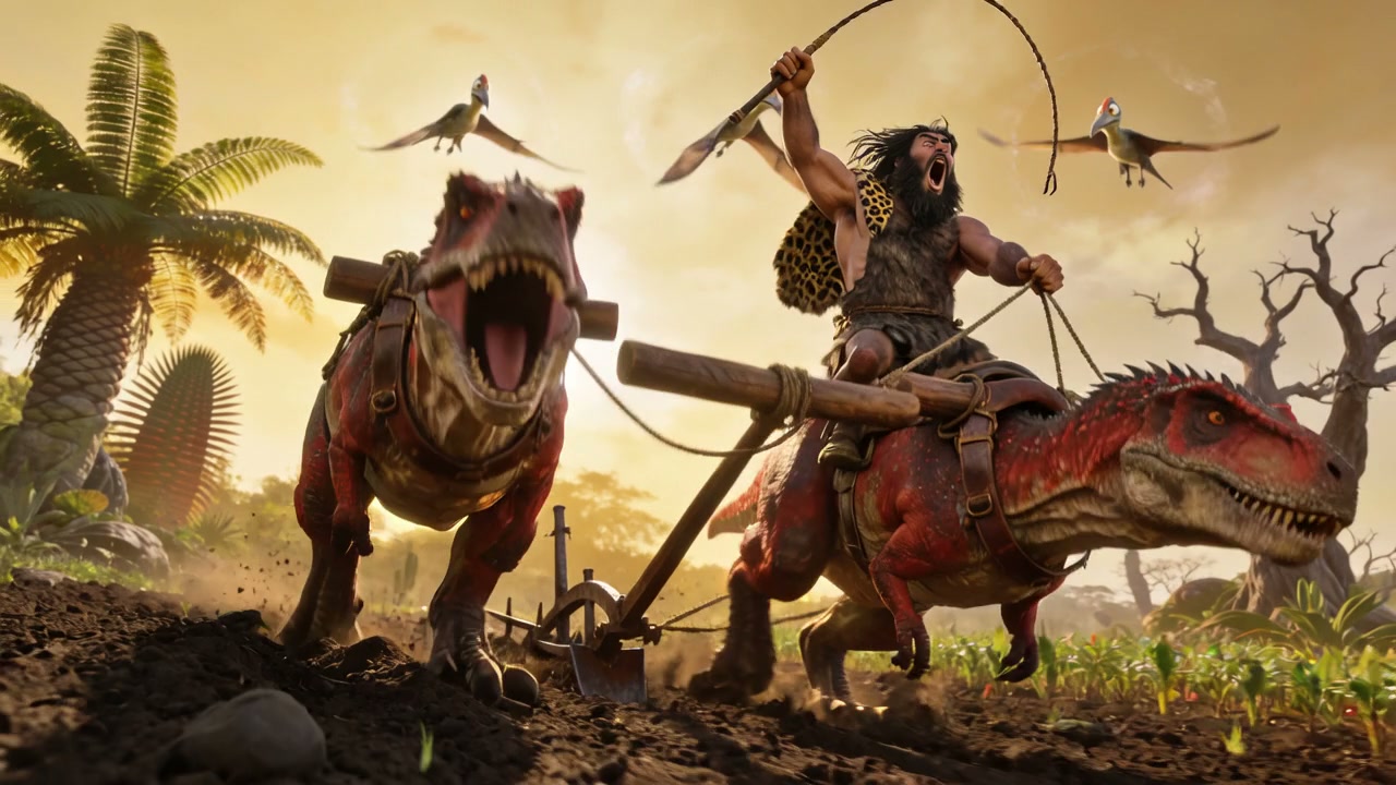 Bearded prehistoric farmer rides a tamed red dinosaur, guiding two theropods plowing farmland as ...