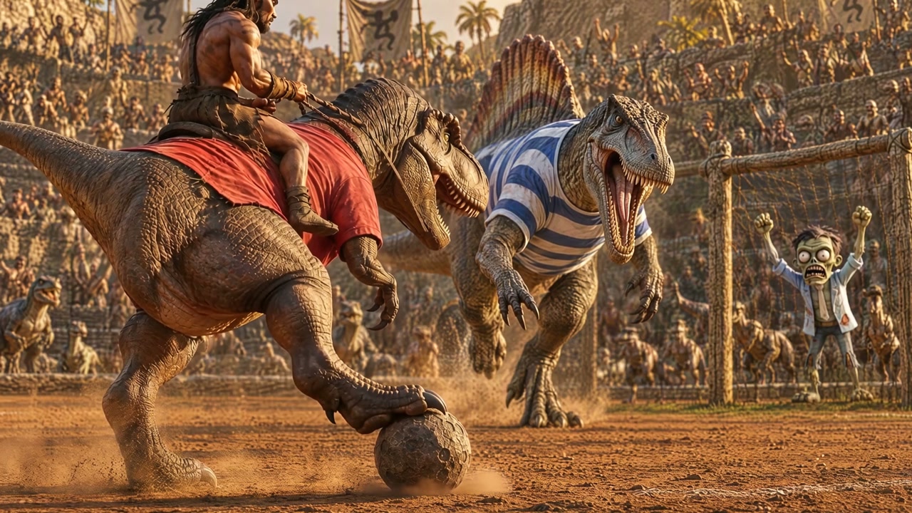 Muscular prehistoric warrior rides a T-Rex playing soccer against a spinosaurus as a zombie goalk...