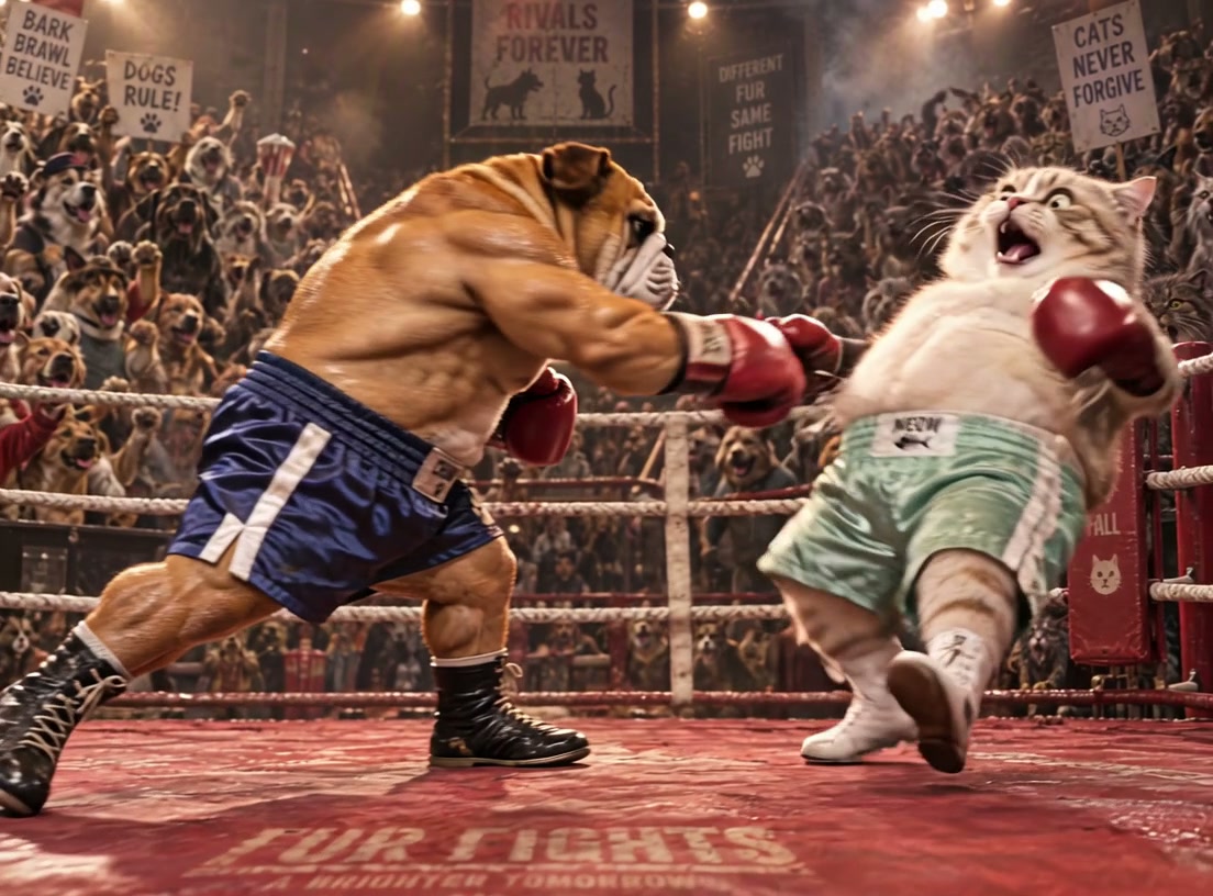 Muscular anthropomorphic bulldog lands a punch on a shocked chubby cat in a crowded boxing ring