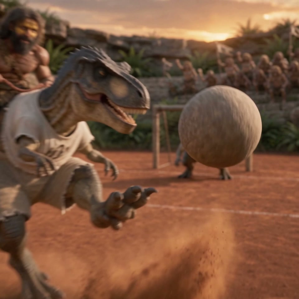 Velociraptor wearing a sports jersey kicks a large stone ball during a prehistoric soccer match a...