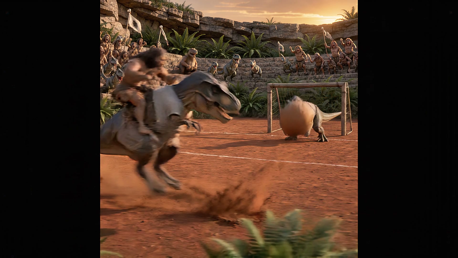 Caveman rides a charging dinosaur toward a goal during a whimsical prehistoric soccer match