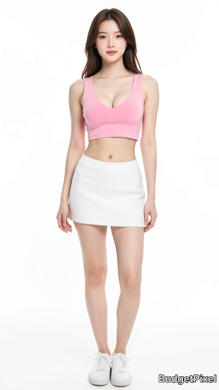 Full body studio portrait of young East Asian woman in pink crop top, white mini skirt, and sneakers against a plain white...