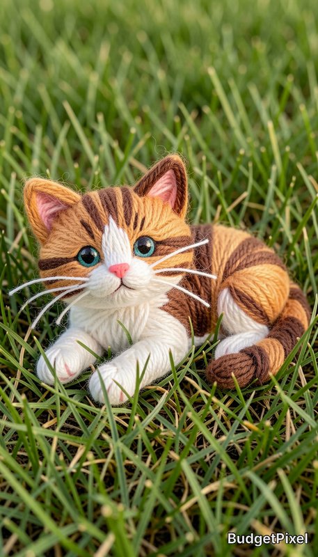 Handmade yarn tabby cat figurine resting on lush sunlit green lawn grass