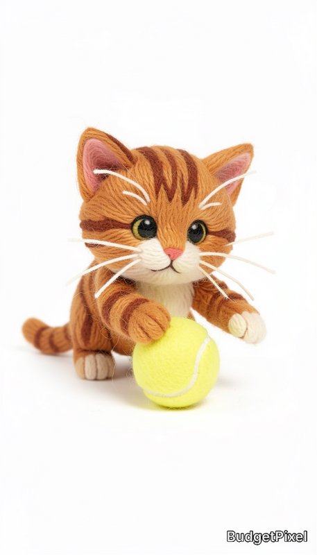 Cute handmade yarn orange tabby kitten reaching to bat at a small yellow tennis ball, isolated on a white background