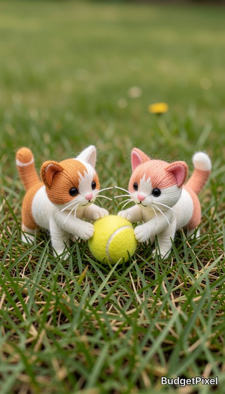 Adorable handmade yarn kitten figurines play together with a small yellow tennis ball on a grassy...