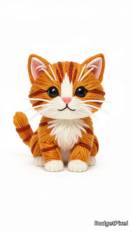 Cute handmade yarn amigurumi orange tabby kitten sitting on a plain isolated white background