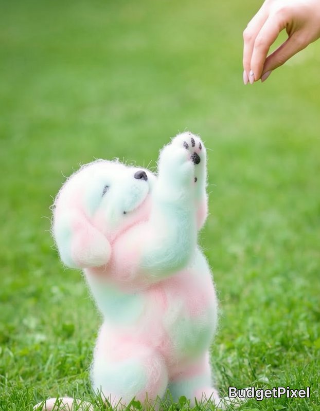 Cute fluffy pastel pink and mint puppy stands reaching its paws toward an outstretched human hand...