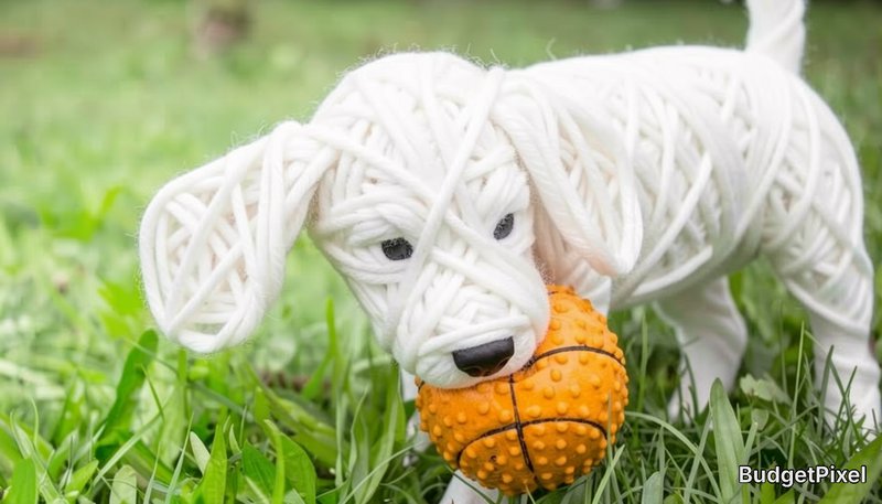 Woven white yarn puppy holds a spiky orange basketball dog toy while standing in sunlit green grass