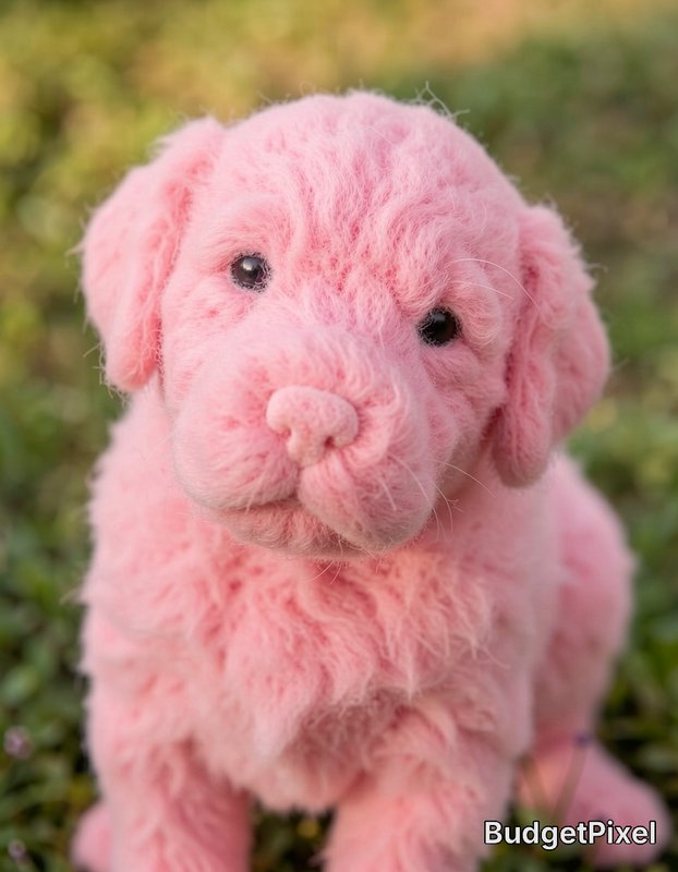 Close-up of a soft fluffy pastel pink puppy sitting outdoors on blurred green grass background
