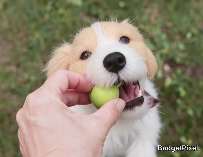 Fluffy tan and white puppy bites a hand-held small green fruit, against a blurred green outdoor f...
