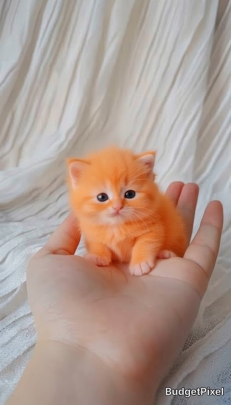 Tiny fluffy bright orange kitten sitting gently in the palm of a hand against soft crumpled white...