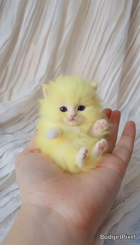 Tiny fluffy pastel yellow kitten rests on its back in an open human palm against a soft crinkled ...