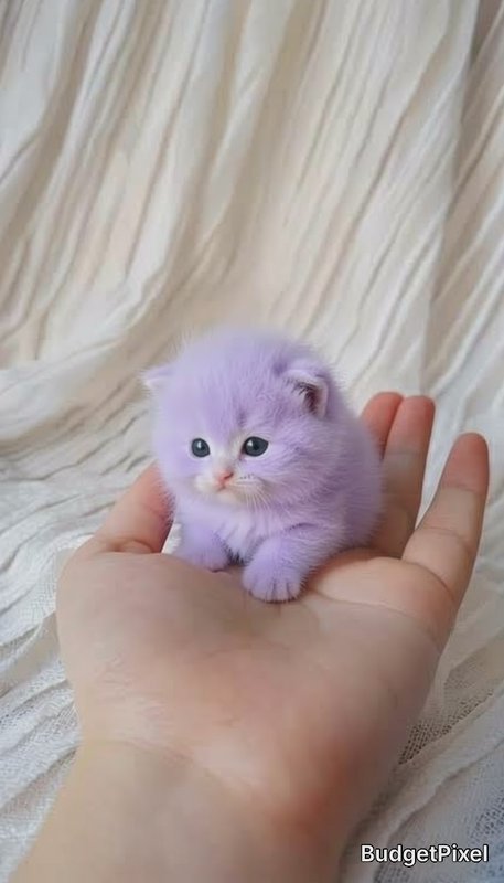 Tiny fluffy pastel lavender kitten rests gently in the palm of a person's hand against soft cream...