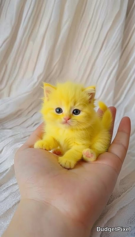 Tiny fluffy bright yellow baby kitten sitting gently in the palm of a hand against soft crinkled ...