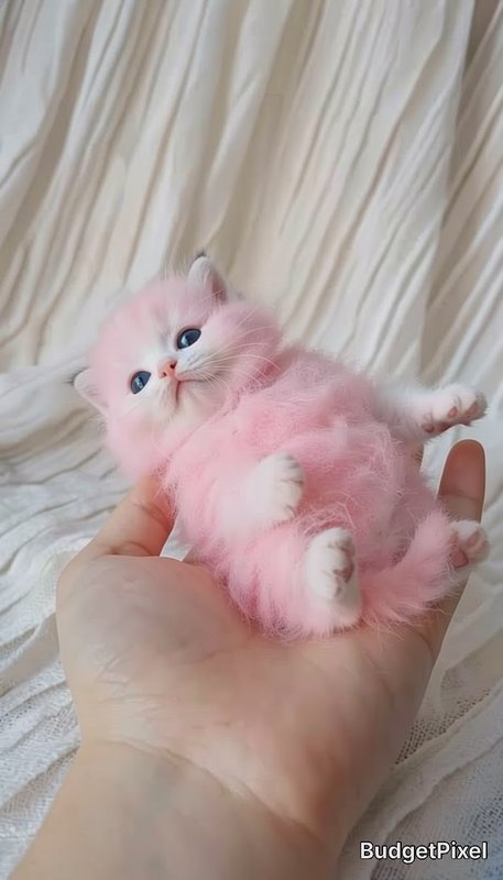 Tiny fluffy pastel pink kitten with bright blue eyes resting on its back in a person's open palm ...