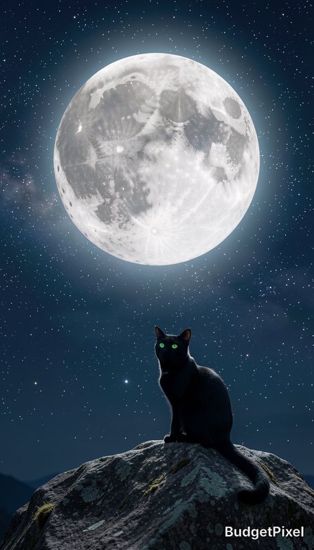 Sleek black cat with glowing green eyes sits on a rock below a massive bright full moon in a star...