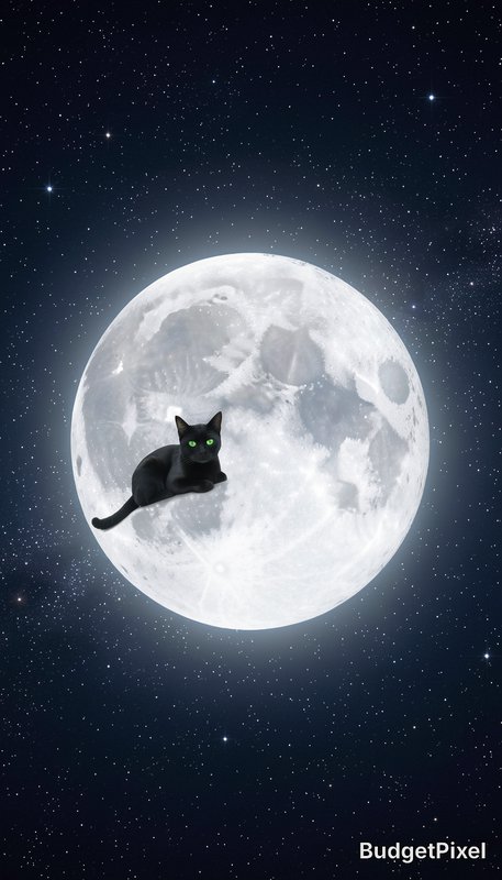 Surreal illustration of a black cat with glowing green eyes resting on a glowing full moon above ...