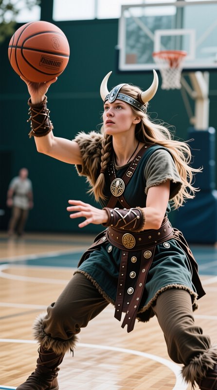 Female viking in a horned warrior helmet holds a basketball, preparing to shoot on an indoor bask...