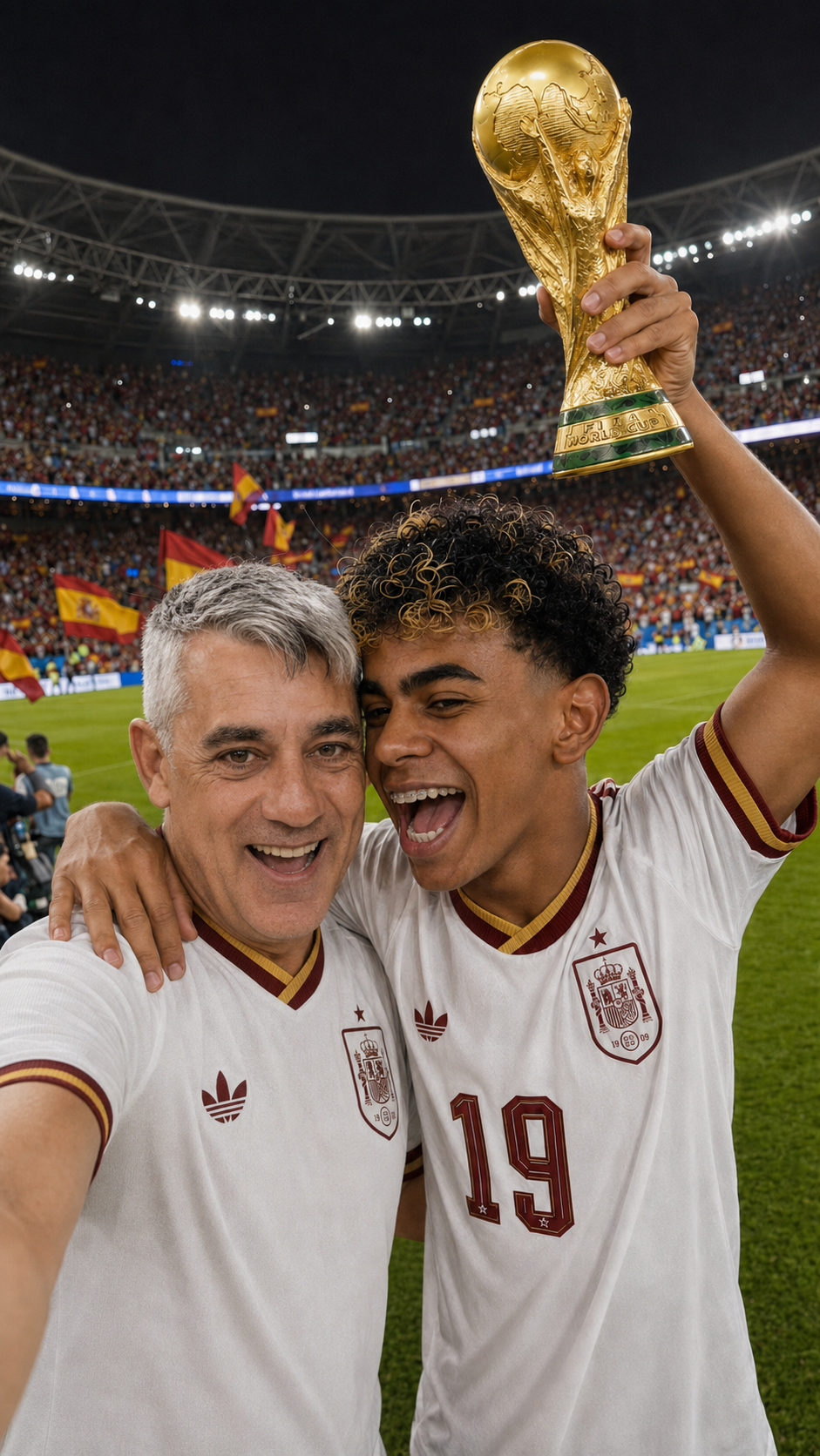 Two Spain national football team members take a victory selfie while holding the FIFA World Cup trophy on a stadium pitch.