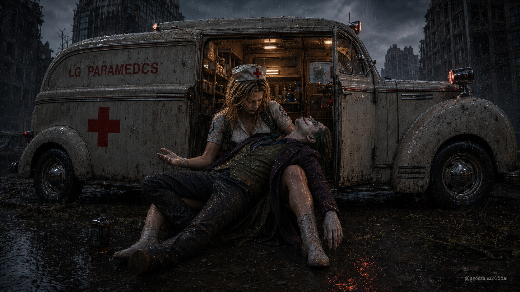 Rainy post-apocalyptic scene of nurse holding injured Joker outside muddy vintage ambulance in a ruined city.