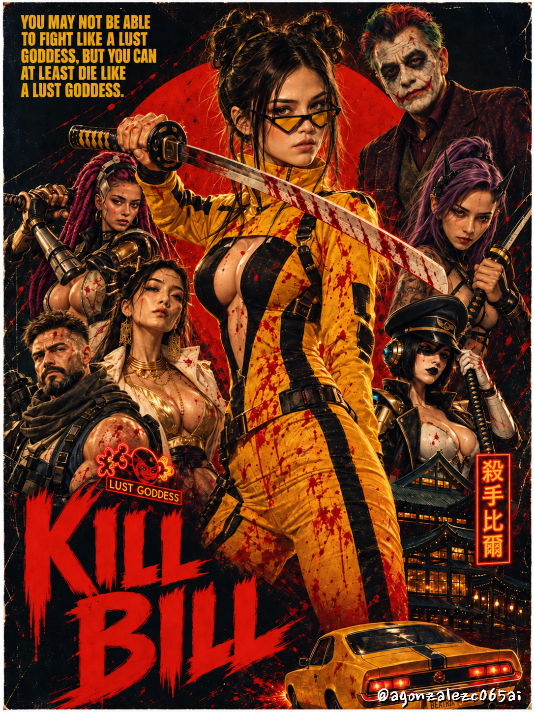 Stylized Kill Bill fan art poster of the Bride and deadly combat characters holding bloodied katanas against a red sun