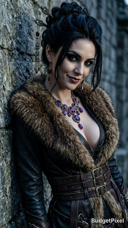Gothic fantasy woman in fur-lined leather with gem jewelry leans against a weathered stone castle wall