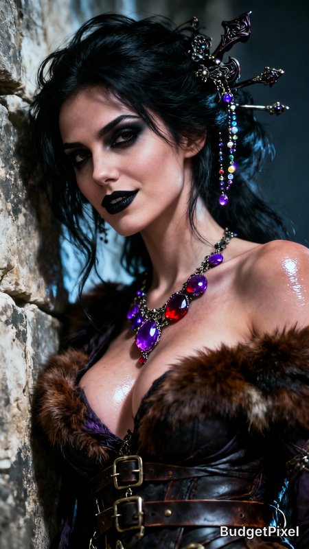 Gothic dark fantasy portrait of a raven-haired villainess leaning on a stone wall with gemstone jewelry and ornate hair