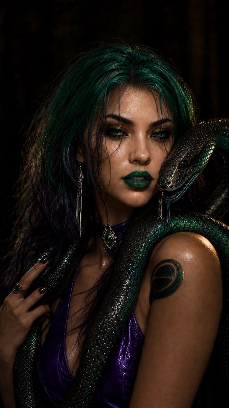Moody dark fantasy portrait of a Medusa-inspired woman with green-purple hair holding an iridescent green snake