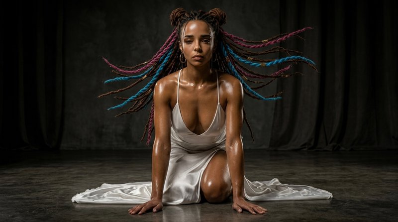 Studio portrait of a woman with vibrant multicolored braided hair kneeling in a flowing white satin gown, hair caught mid-...