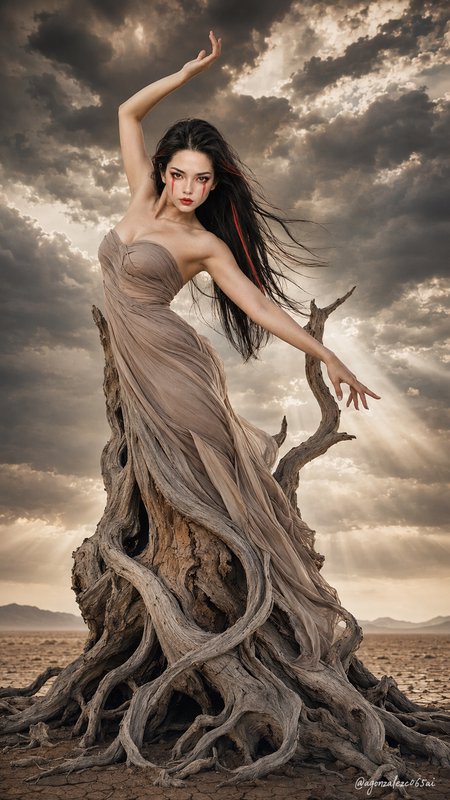 Surreal fantasy woman merging with gnarled dead tree in arid desert under dramatic stormy sunlit sky