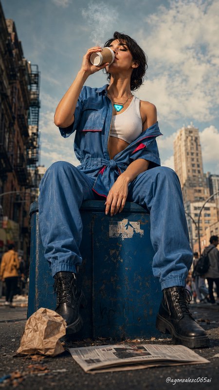 Low angle shot of a woman in a blue jumpsuit sipping hot coffee while sitting on a weathered utility box on a city street.