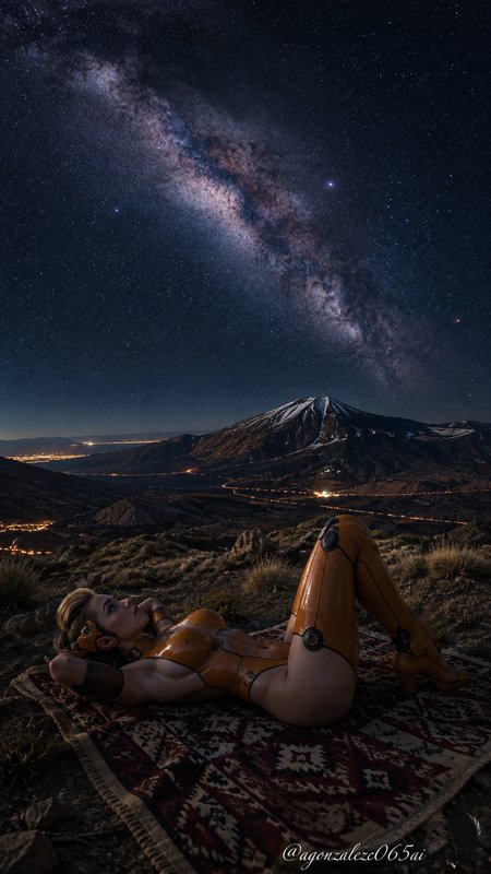 [Futuristic woman in an orange suit reclines on a mountain overlook, gazing up at a bright Milky Way night sky above a sno...