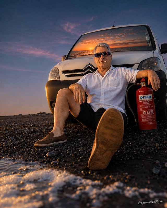 Relaxed older man sits leaning against a white Citroen van on a pebbled seaside beach at golden hour sunset, red fire exti...