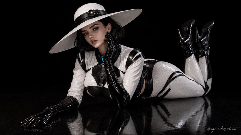 Futuristic stylized woman in a wide white hat and black and white suit reclining on a glossy reflective black studio surface