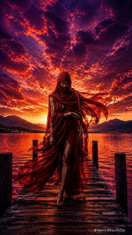 Mysterious veiled woman in wind-swept red robes walks on a wooden dock under a dramatic fiery sunset over a mountain lake.