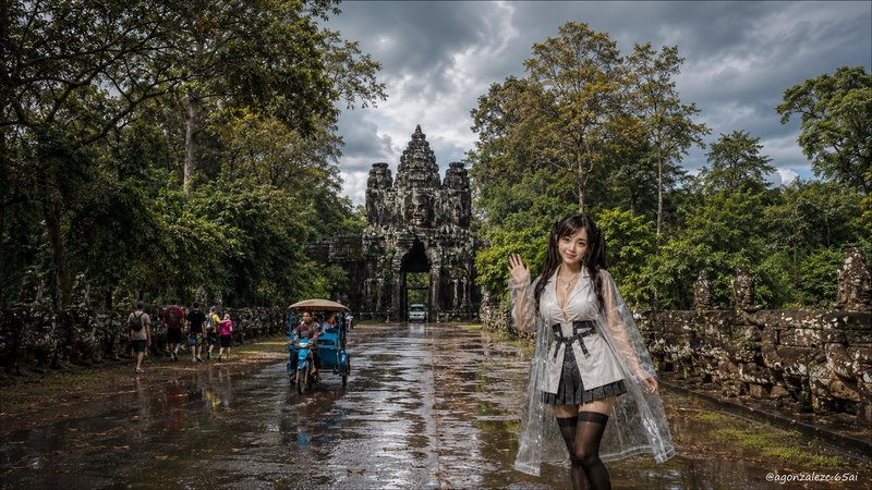 Young woman waving on wet pathway leading to Angkor Thom temple gate, overcast rainy day surrounded by tropical jungle