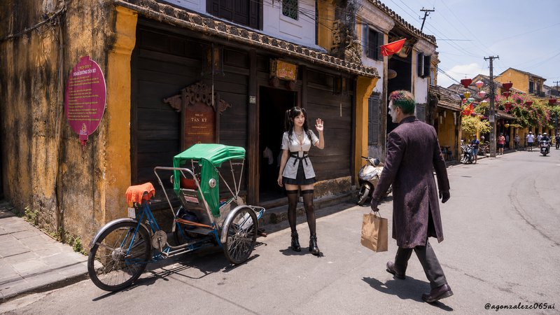 Young woman waves at Joker-style character walking past a cycle rickshaw on a sunny Hoi An old town street