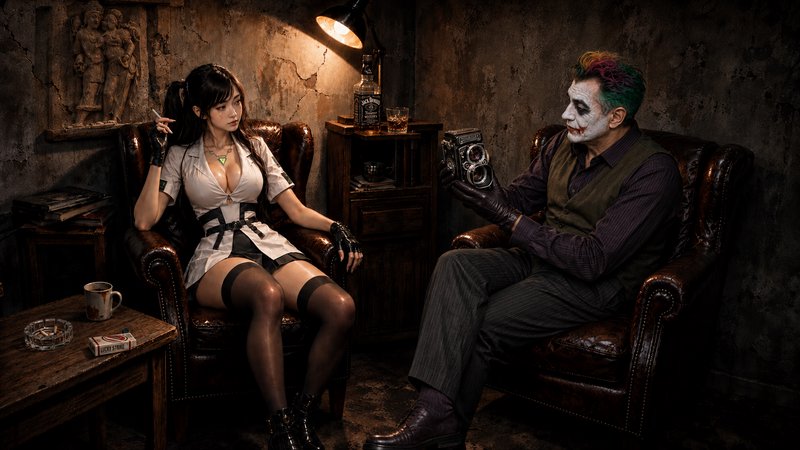 Joker-styled character holds a vintage twin-lens camera to photograph a woman seated in a dim, weathered vintage leather l...