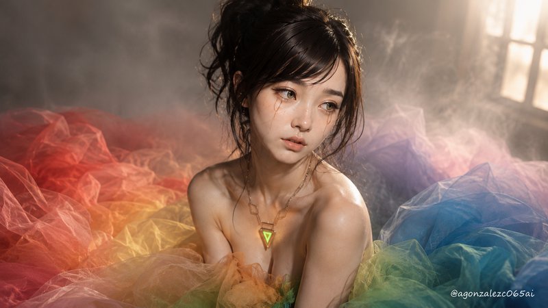 Wistful young East Asian woman portrait draped in rainbow sheer tulle, glowing triangle necklace, misty soft window
