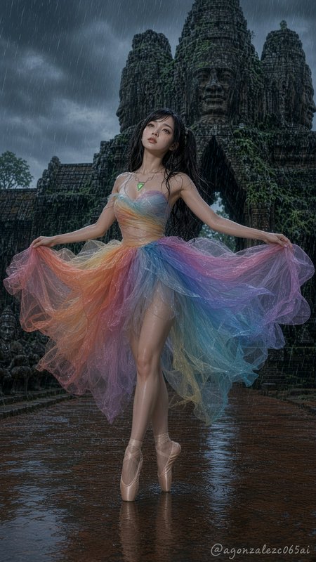 Young ballerina in a rainbow tulle gown stands en pointe in falling rain before ancient Khmer temple ruins.
