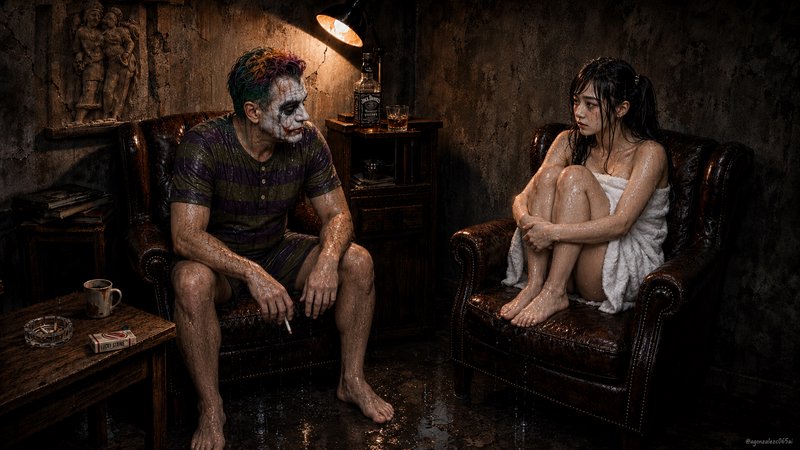 [Soaked man in smudged Joker clown makeup sits across from distressed towel-wrapped woman in waterlogged dark room]