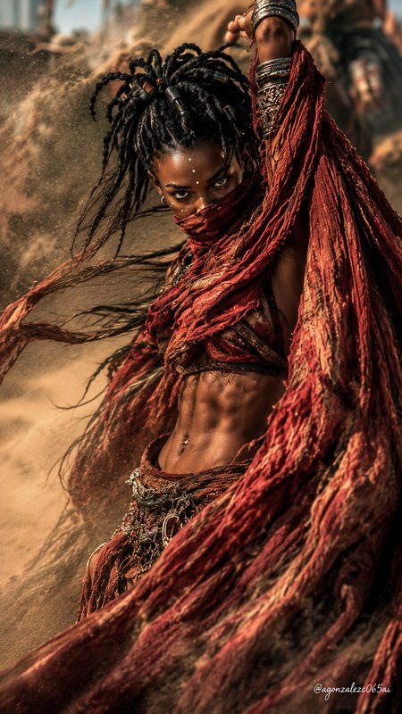 [Muscular Black female desert warrior with beaded dreadlocks, red tattered robes, intense gaze, standing in a swirling des...
