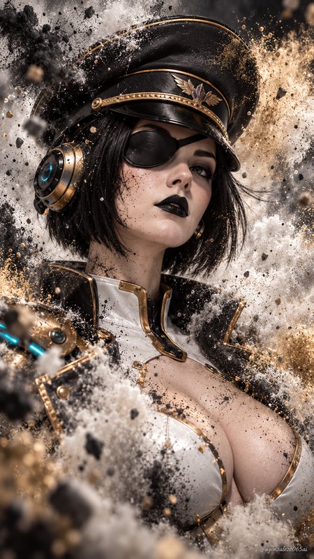 [Cinematic portrait of a steampunk female military captain with eye patch, surrounded by dramatic particle explosion effects]