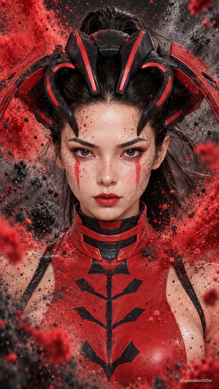 Fierce cyberpunk female warrior in red and black sci-fi armor, framed by dynamic explosive red an...