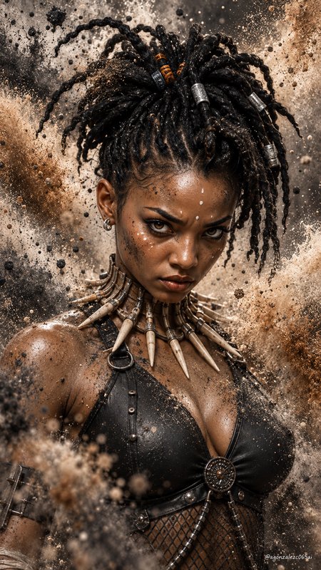 Fierce Black female warrior portrait with beaded locs, bone choker, surrounded by dynamic explodi...