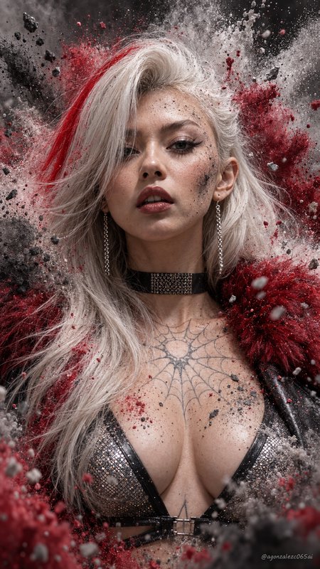 Close-up portrait of platinum blonde woman with red hair streak, spiderweb chest tattoo, surround...
